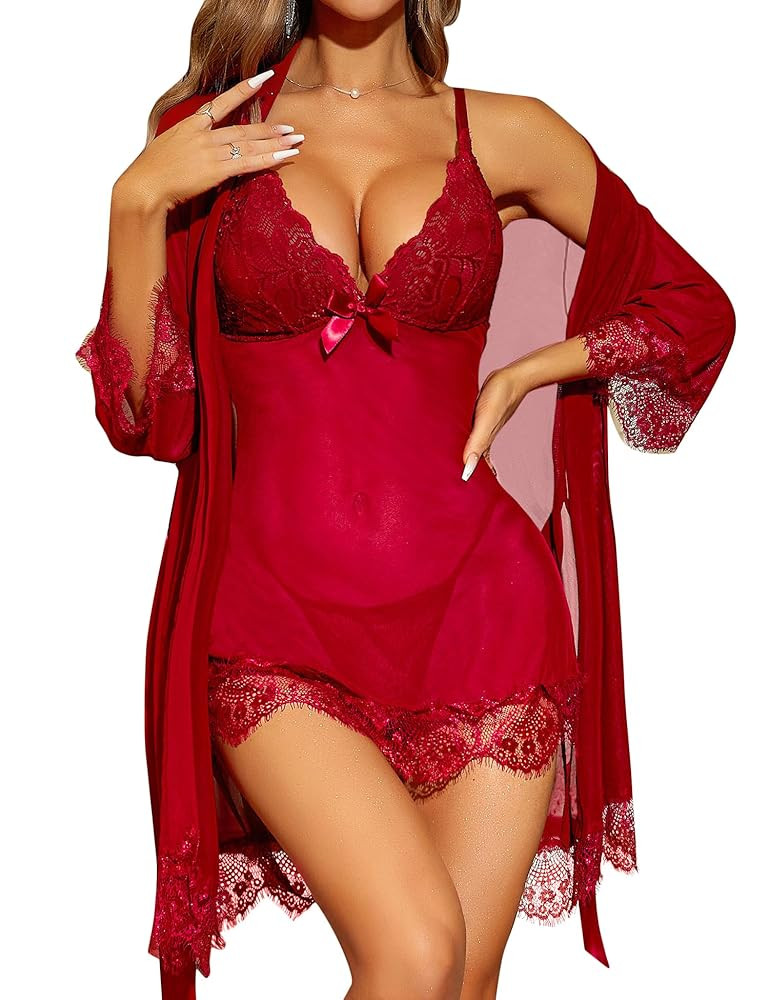 Women Sexy Lingerie Set 3 Piece Babydoll & Lace Kimono Robe Strap Chemise Sleepwear Mesh Nightgown
