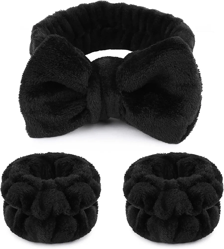 WSYUB Makeup Headbands, 1pcs Black Spa Headband Fluffy Bow Tie Headband Microfiber Face Headband, and 2Pcs Wrist Spa Wash Band Absorbent Wristbands, for Washing Face Skin Care